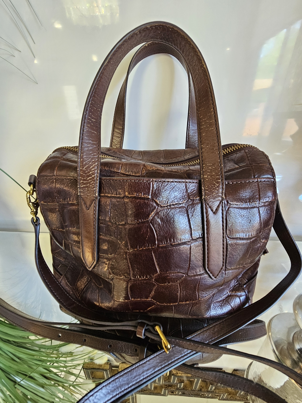 Fossil Sydney  Dark Brown Croc-Embossed Leather Satchel - Picture 7 of 12